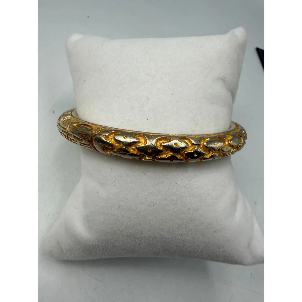 Vintage Two Tone Gold Silver Textured Bangle Bracelet Mixed Metal Geometric